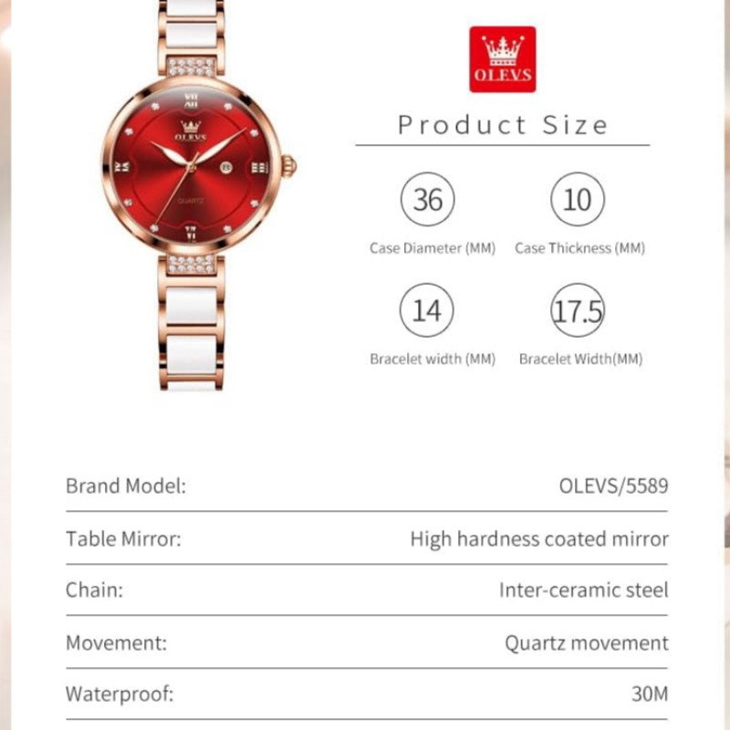 Ceramics strap 5589 RoseGold Stainless Steel Ceramics Watchstrap Analoge Wrist Watch For Women Red & RoseGold "