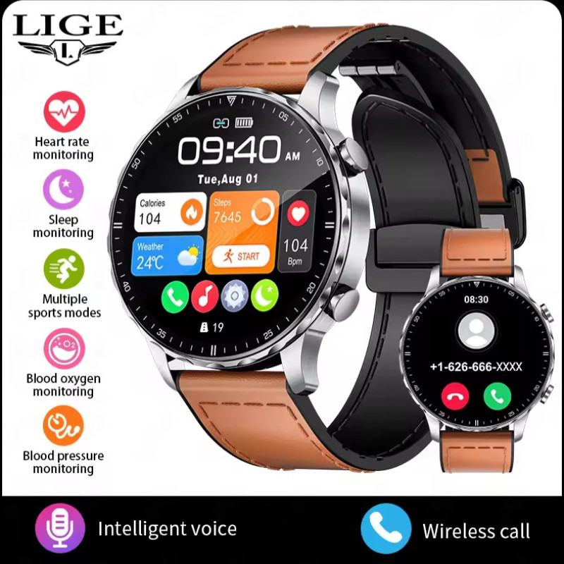 LIGE BW664 New Magnetic Leather Strap Smartwatch Men Health Monitor Man Watches Bluetooth Calling Sports Smart Watch For mens