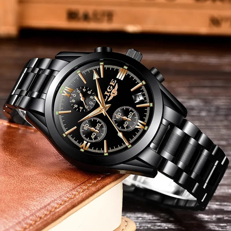LIGE 9839 Black Men's Steel Waterproof Watch