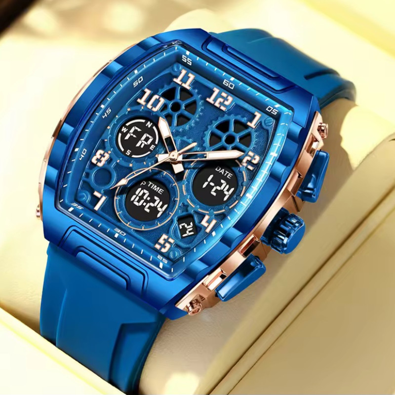 FOXBOX FB0096 new dual display men's watch silicone military watch luminous waterproof business casual quartz watches for men reloj+BOX