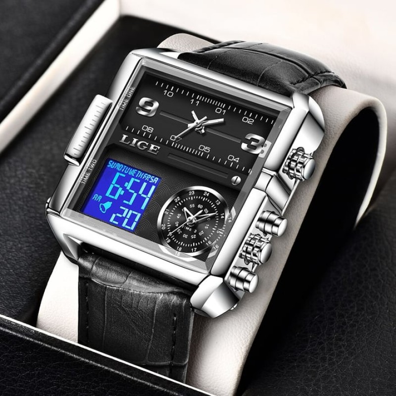 LIGE 8925C Double Quartz Movement Square Wrist Watches for men with brand box