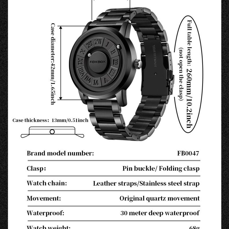 FOXBOX-Men's stainless steel waterproof quartz watch, creative band, scroll beads, magnetic force, watch, brand