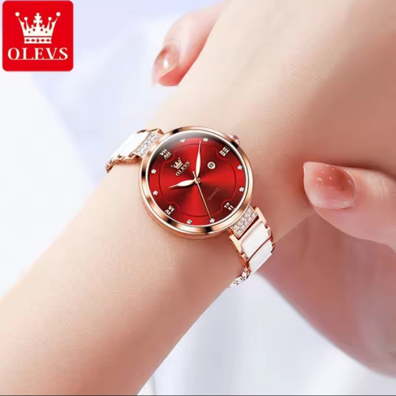 OLEVS Ceramics strap 5589 RoseGold Stainless Steel Ceramics Watchstrap Analoge Wrist Watch For Women Red & RoseGold premium quality