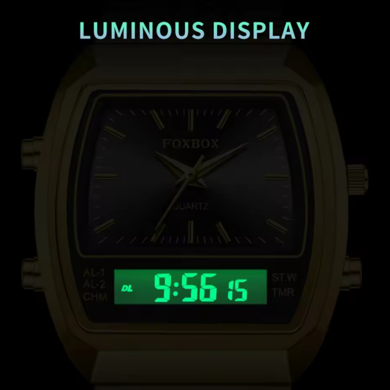 FOXBOX FB0097 Gold Black Watch Dual Digital Time Zone Square Wristwatch