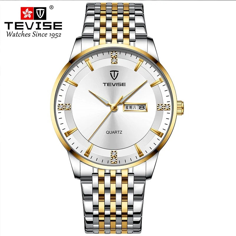 TEVISE new quartz watch stainless steel casual men's watch double calendar