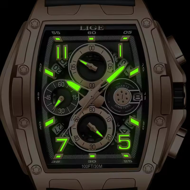 LIGE 89110A  Silicon strap  Chronograph active  Men's Watches with Box