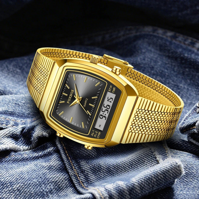 FOXBOX FB0097 Gold Black Watch Dual Digital Time Zone Square Wristwatch