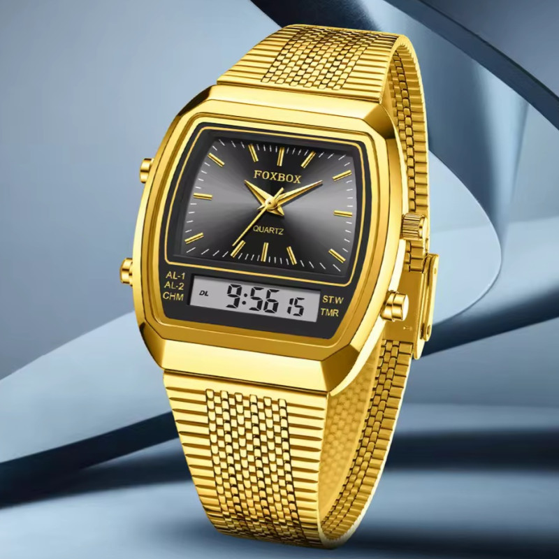 FOXBOX FB0097 Gold Black Watch Dual Digital Time Zone Square Wristwatch