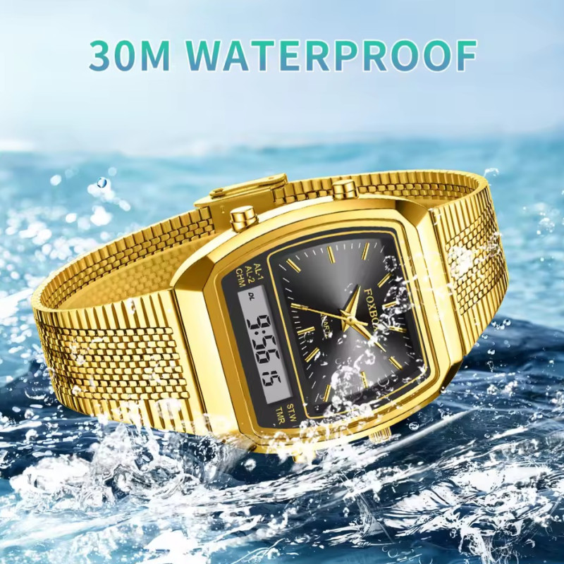 FOXBOX FB0097 Gold Black Watch Dual Digital Time Zone Square Wristwatch