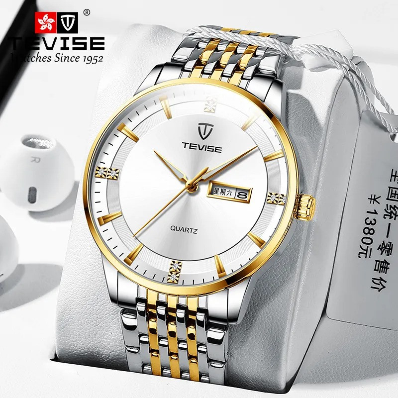 TEVISE new quartz watch stainless steel casual men's watch double calendar