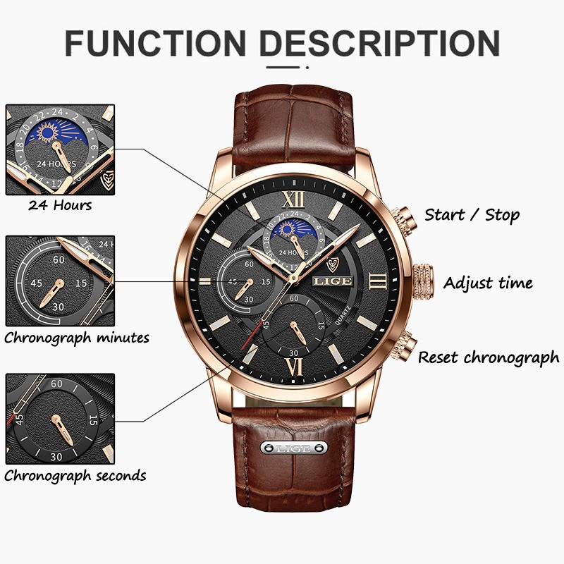 LIGE Men's Watches Black Top Brand Luxury Men Wrist Watch Man Leather