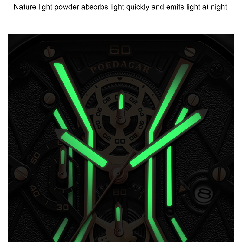 POEDAGAR Original Fashion Men Wristwatches Luxury Chronograph Luminous Date Man Watch Square Dial Leather Quartz Men's Watches