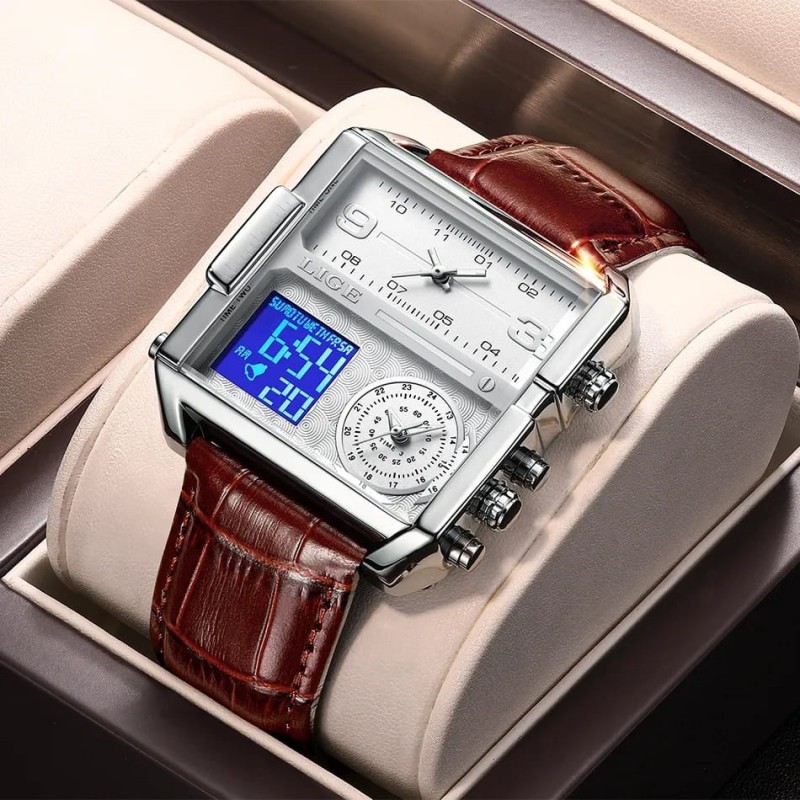 LIGE 8925C Double Quartz Movement Square Wrist Watches for men with brand box