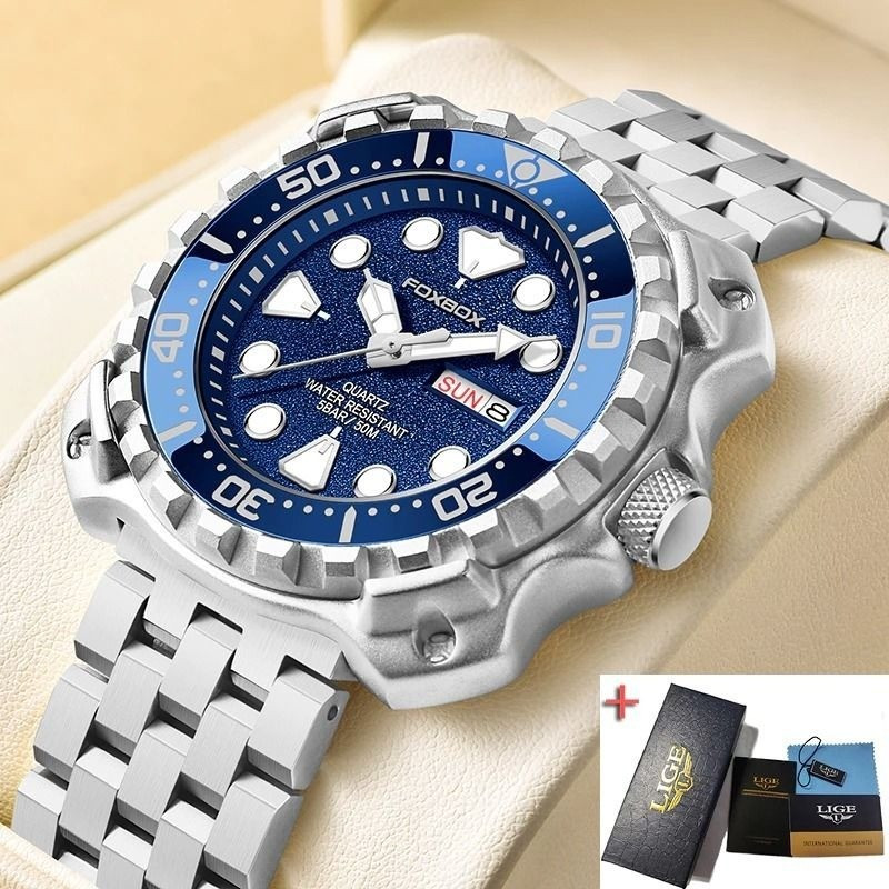 FOXBOX Luxury Luminous Men’s Watch – Waterproof Sport Calendar-Silver Blue