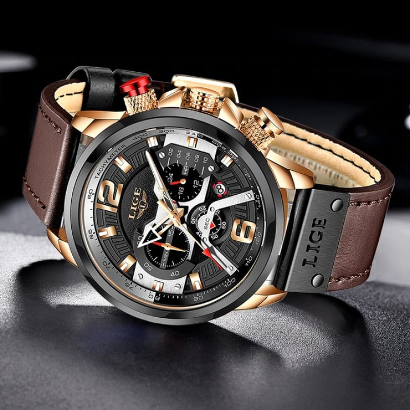 LIGE 8917  Top Brand Luxury Military Leather Wrist Watch Man Clock Fashion Chronograph Wristwatch