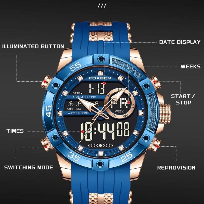 Foxbox FB0082 Multifunction Mens Sports Watch Waterproof Luminous Alarm Clock Men LED Digital Watch Large Dial Electronic Wristwatch Man