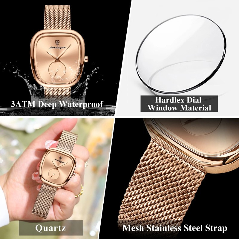poedagar 783 Luxury Rose Gold Ladies Watch – Elegant Square Dial Stainless Steel Fashion Wrist Watch for Women's best Gifts with box