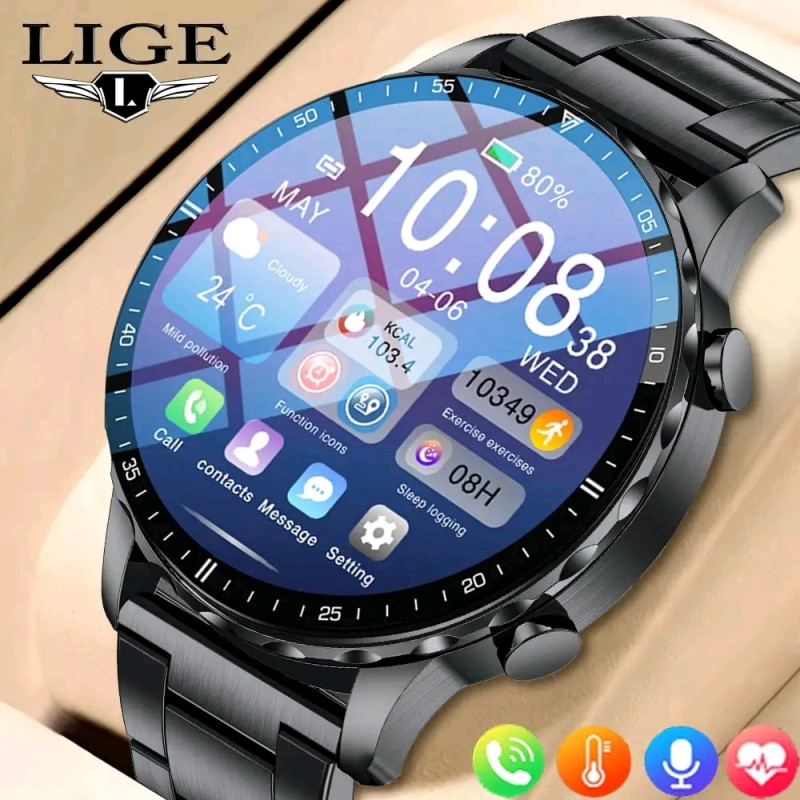 LIGE B0W664 Original Smart Watch Men Blood Oxygen Health Monitor Men's Watches AI Voice Assistant Bluetooth Call Men Sports Smartwatch with Extra Silicon strap