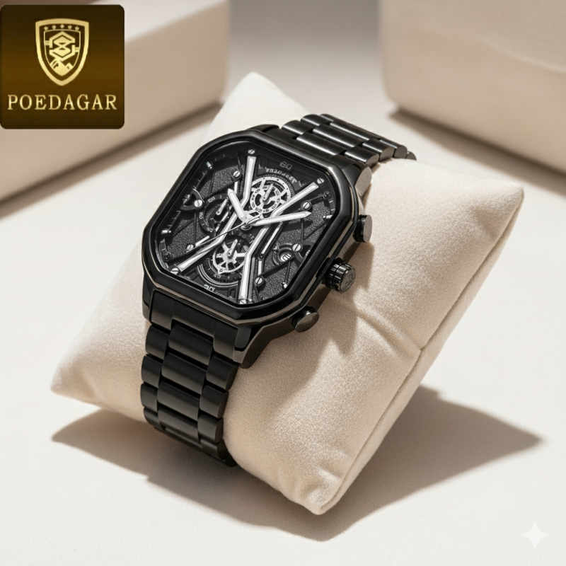 POEDAGAR Original Fashion Men Wristwatches Luxury Chronograph Luminous Date Man Watch Square Dial Leather Quartz Men's Watches