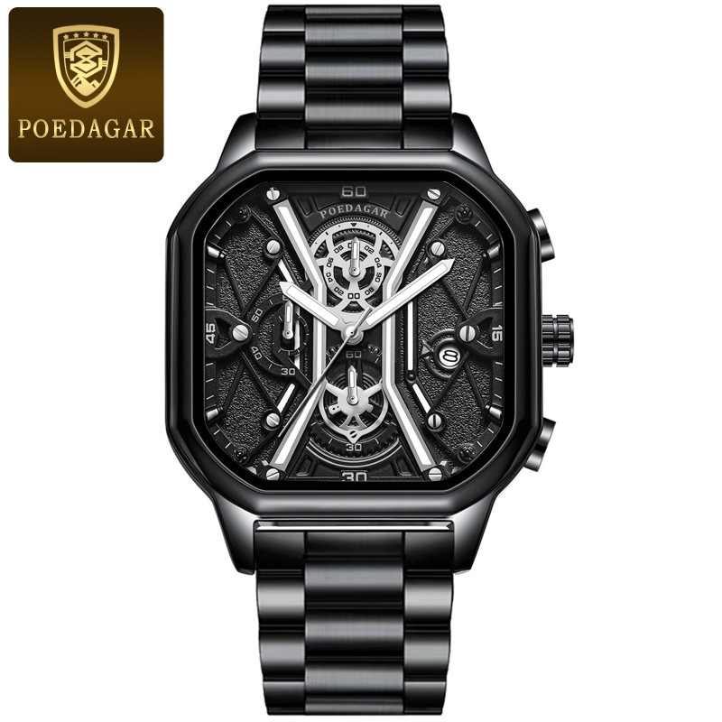 POEDAGAR Original Fashion Men Wristwatches Luxury Chronograph Luminous Date Man Watch Square Dial Leather Quartz Men's Watches