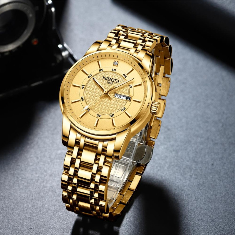 NIBOSI full Golden Watch for Men Warterproof Sports Mens Watch