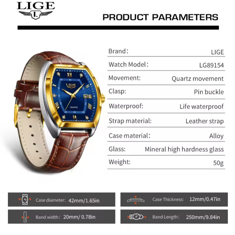 LIGE 89154 Men's Watches Luxury Original Top Brand Quartz Watch for Men Leather Waterproof Luminous Diamond Dial Date Male Wristwatch