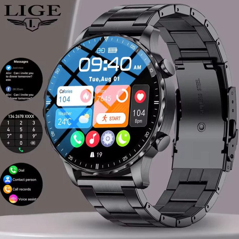 LIGE B0W664 Original Smart Watch Men Blood Oxygen Health Monitor Men's Watches AI Voice Assistant Bluetooth Call Men Sports Smartwatch with Extra Silicon strap