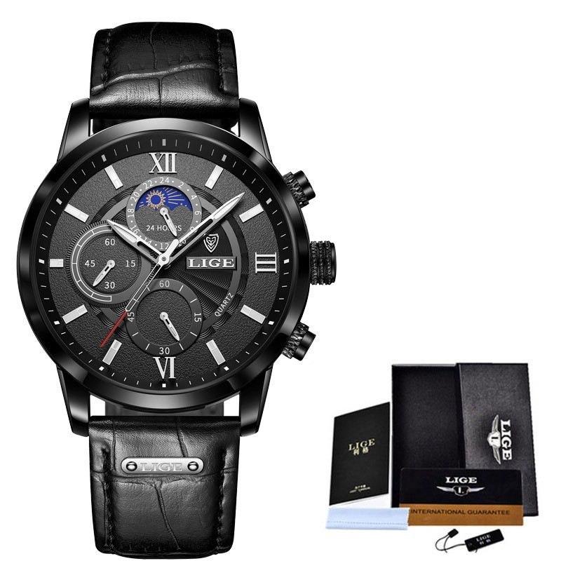 LIGE Men's Watches Black Top Brand Luxury Men Wrist Watch Man Leather