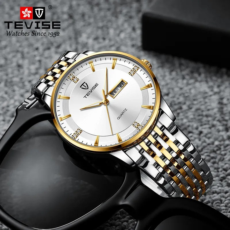 TEVISE new quartz watch stainless steel casual men's watch double calendar