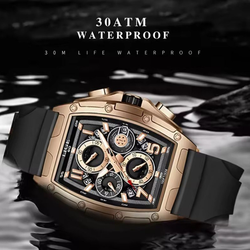 LIGE 89110A  Silicon strap  Chronograph active  Men's Watches with Box