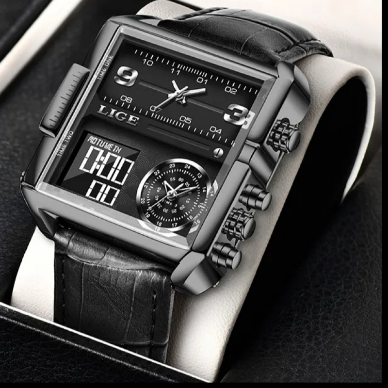LIGE 8925C Double Quartz Movement Square Wrist Watches for men with brand box