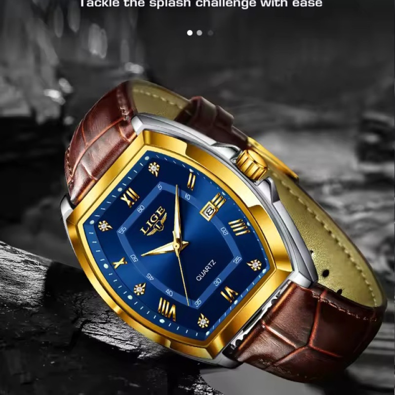 LIGE 89154 Men's Watches Luxury Original Top Brand Quartz Watch for Men Leather Waterproof Luminous Diamond Dial Date Male Wristwatch