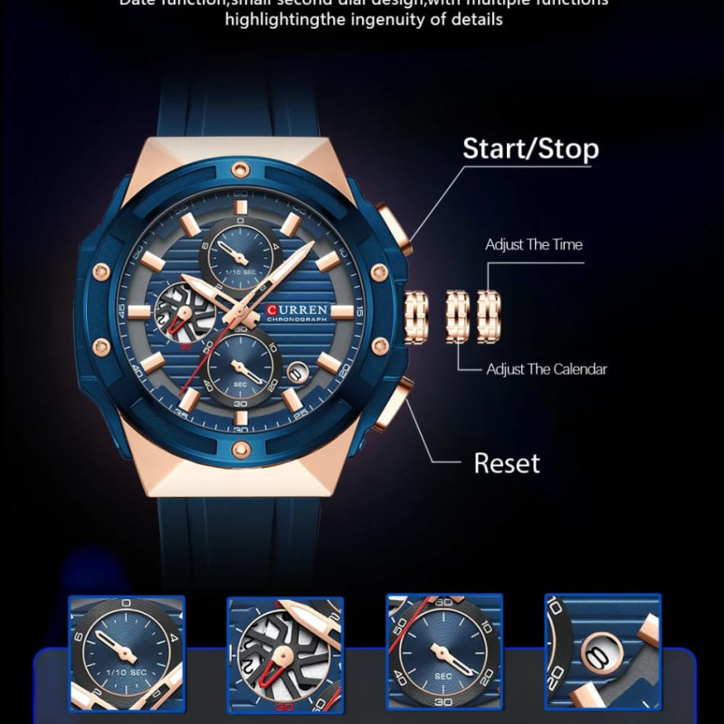 CURREN 8462 Top Luxury Quartz Men's Watch Silicone Strap Multifunctional Timing Code Classic Luminous Waterproof Men's Watch