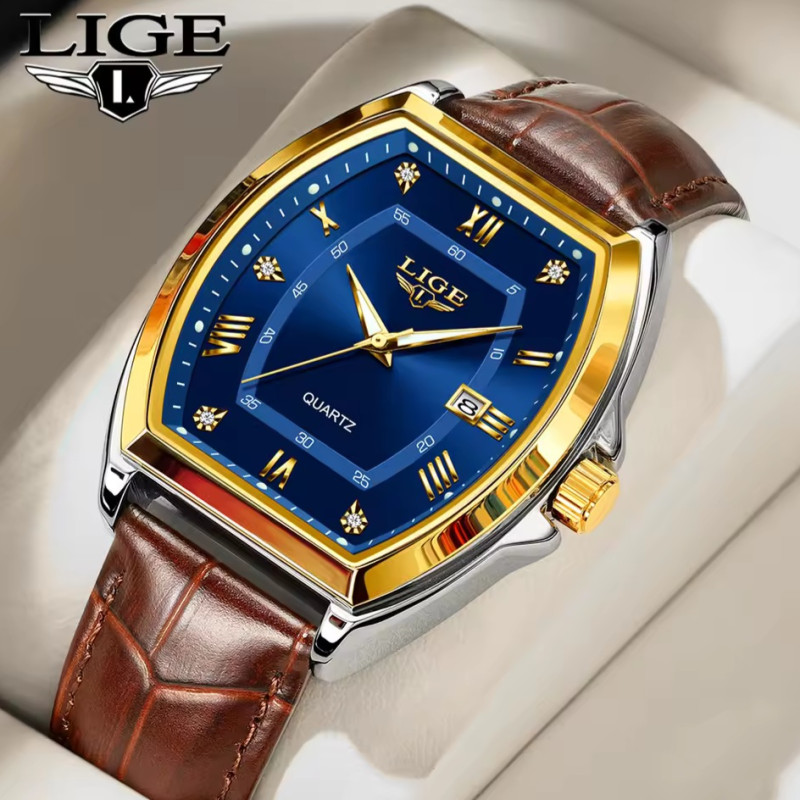 LIGE 89154 Men's Watches Luxury Original Top Brand Quartz Watch for Men Leather Waterproof Luminous Diamond Dial Date Male Wristwatch