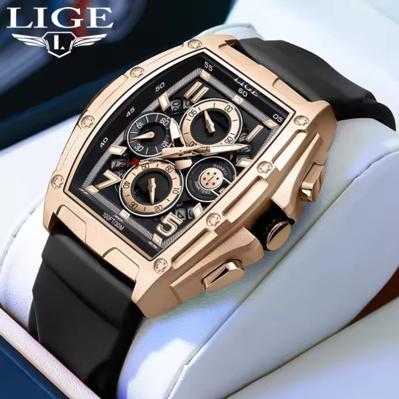 LIGE 89110A Silicon strap Chronograph active Men's Watches with Box