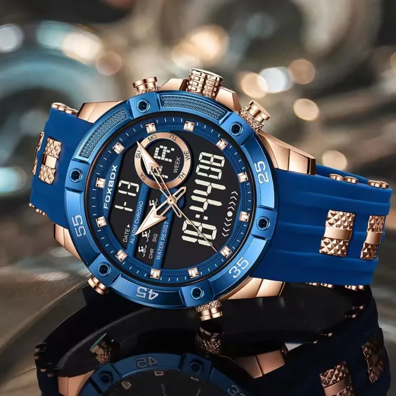 Foxbox FB0082 Multifunction Mens Sports Watch Waterproof Luminous Alarm Clock Men LED Digital Watch Large Dial Electronic Wristwatch Man