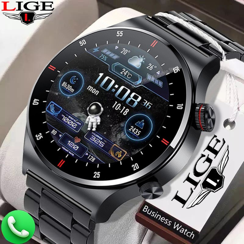 LIGE BW0382 PPG+BP+ NFC Bluetooth Call Smart Watch Men HD Screen Sports watches with extra sillicon straf