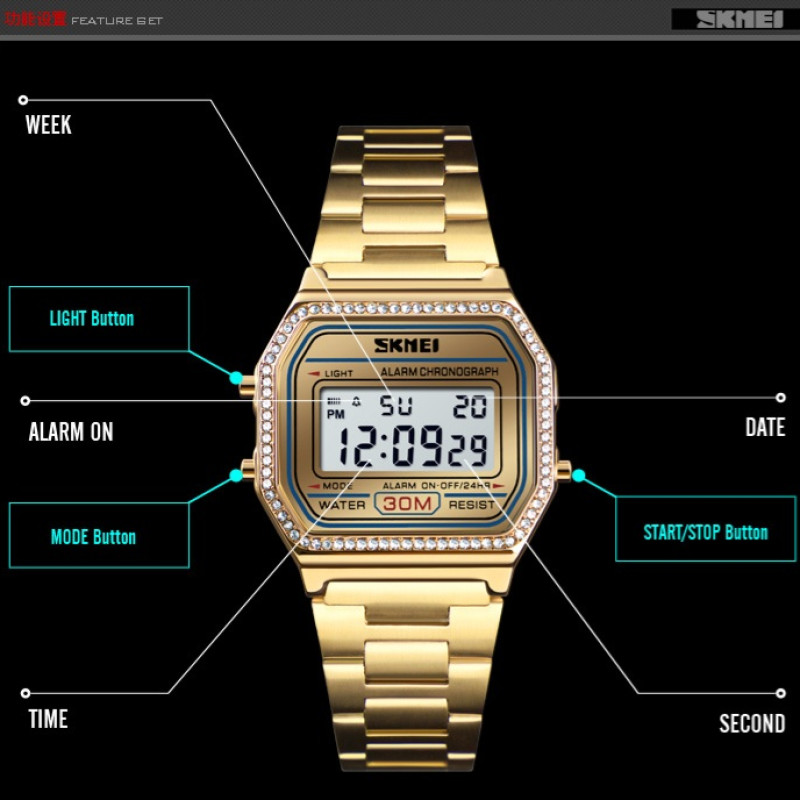 SKMEI 1474 Luxury Brand Women Digital Watches Waterproof Week Display LED Chrono Stainless Steel Female Wristwatch Relogio Feminino